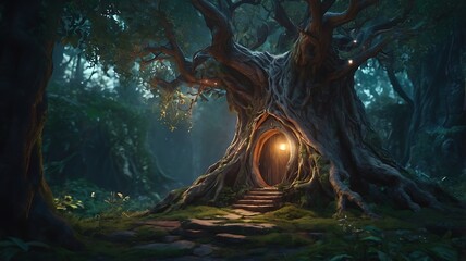 Obraz premium Mystical elven home integrated into an ancient tree, glowing in a fantasy forest, 3D rendering