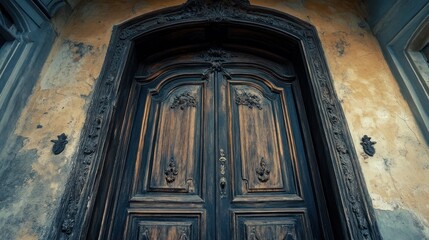 An ornate and detailed wooden double door entrance closeup