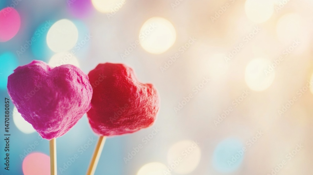 Poster colorful heart-shaped lollipops on sticks are displayed against a shimmering background, creating a 