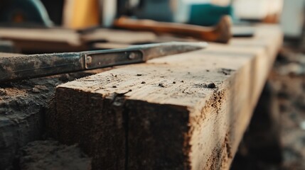 Close-up of worn wooden beam with a metal chisel and hammer on a blurry background