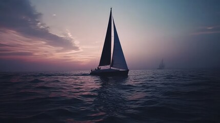 Sailboat glides through tranquil sunset seascape