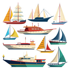 Eight Classic yacth arranged on white background