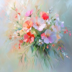 Expressive floral bouquet painting with red and pink flowers, rendered in impressionistic oil technique, pastel colors blending into a soft natural background