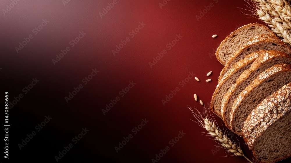 Poster slices of whole grain bread arranged with wheat ears and seeds on a dark red background create a war