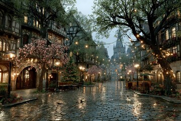 Fototapeta premium Enchanted Evening in a Cobblestone Street with Festive Lights and Blooming Trees