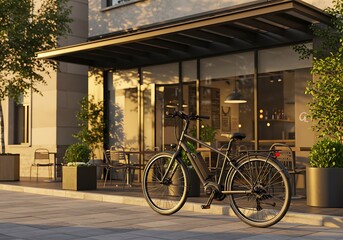 E-bike waits patiently by a contemporary cafe, symbolizing eco-friendly urban living and leisurely exploration in a bustling city environment.