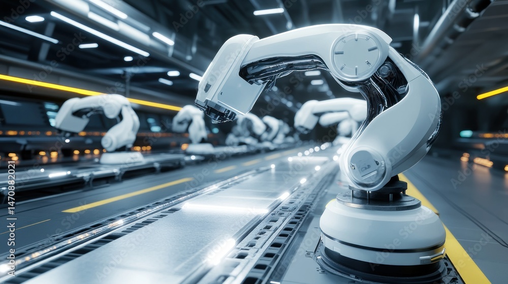 Poster several robotic arms are arranged on an automated assembly line