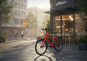 Electric Bicycle Parked Outside Modern Cafe