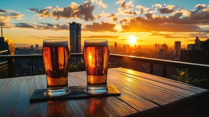 Two glasses of beer on a rooftop at sunset with skyline