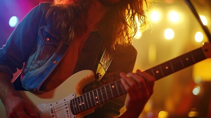 Obraz premium Musician playing an electric guitar under stage lighting with energy