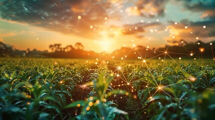 Sunset over a vibrant cornfield, illuminated by digital connections