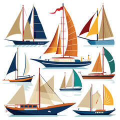 Eight Classic yacth arranged on white background