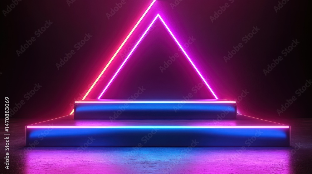 Poster a colorful neon lit triangular structure on steps