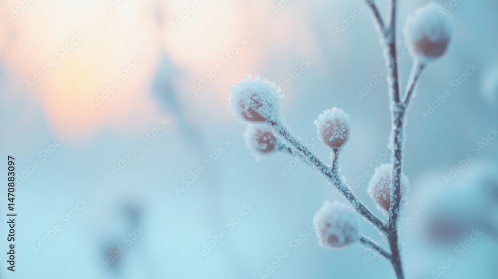 Poster frost clings to branches adorned with buds, creating a delicate view as the sun sets in the backgrou