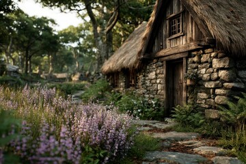 Charming Cottage Nestled in a Lush Forest with Stone Pathway and Vibrant Wildflowers Ideal for