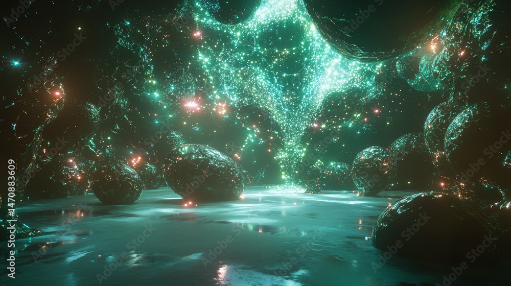 Aufkleber abstract render of a surreal cave with glowing orbs and light stream