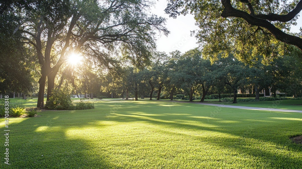 Poster sunlight streams through trees illuminating a lush green grassy field