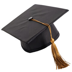 Classic black graduation mortarboard cap with gold tassel against a black background