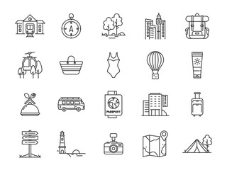 Travelthemed icons journey essentials outlined