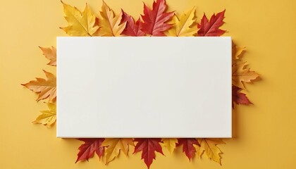 White rectangle surrounded by red and yellow maple leaves, autumn concept, yellow background