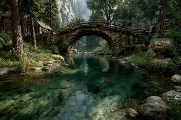 Fototapeta premium Enchanting Forest Stream with Stone Bridge and Clear Water Ideal for Nature Fantasy and Sere