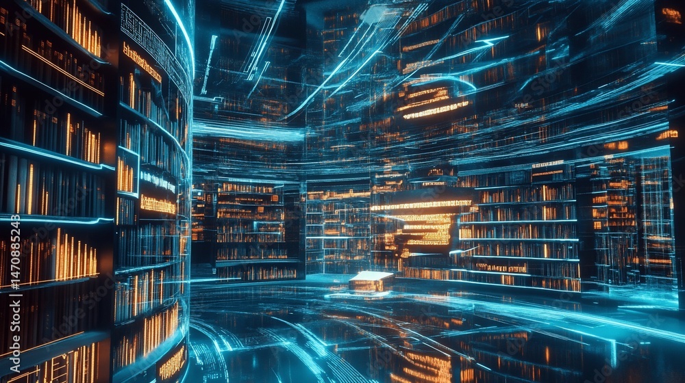 Poster a futuristic library with glowing books and streaming data in a digital world