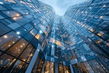 Modern Glass Architecture with Illuminated Windows and Reflective Surfaces