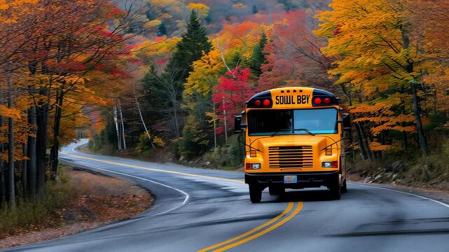 A school bus travels a winding road surrounded by vibrant autumn foliage. The scene captures a moment of transport through a picturesque landscape, showcasing nature's beauty during fall.