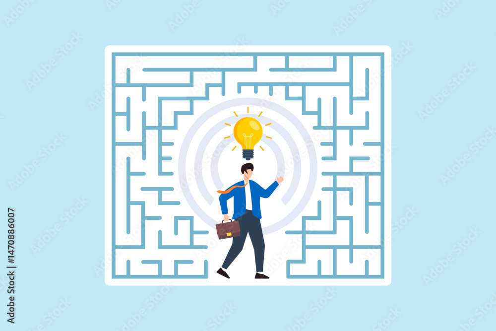 Aufkleber flat illustration of businessman navigating maze to reach bright lightbulb representing journey of p