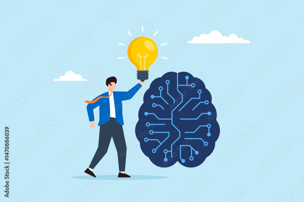 Aufkleber flat illustration of businessman holding glowing lightbulb in front of digital brain representing in