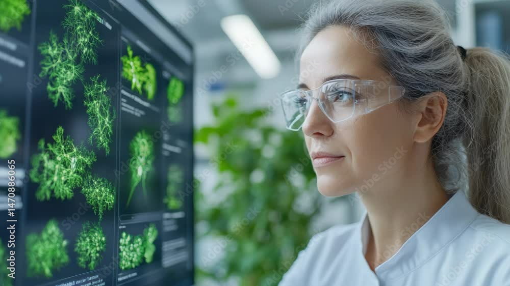 Poster innovative scientist conducts data analysis on computer technology for groundbreaking research.