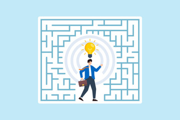 Flat illustration of businessman navigating maze to reach bright lightbulb representing journey of problem solving and strategic thinking