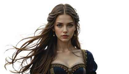 Stunning Woman with Long Flowing Brown Hair and Intricate Braids, Isolated on Transparent Background, PNG