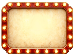 Retro marquee sign with glowing yellow bulbs and vintage red frame, blank center. Generative AI