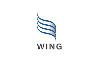 PrintCurved Silver-Blue Feather Wing Logo – Sleek WING Design with Gradient Lines