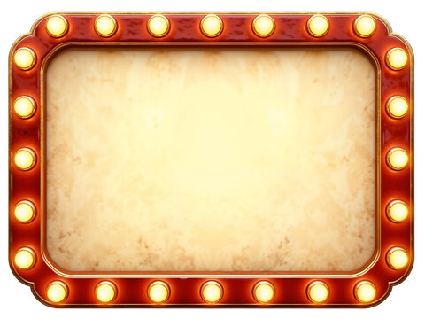 Retro marquee sign with glowing yellow bulbs and vintage red frame, blank center. Generative AI