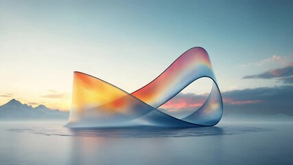 Abstract architectural structure, illuminated by sunrise, on a serene landscape