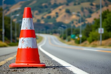 Road Warning Cone on the Road: A striking image of an orange and white road cone on a highway, capturing a sense of caution, construction, and the open road leading to a distant mountain scene.