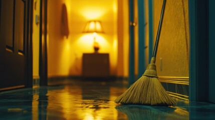 A broom leaning against a wall in a lit hallway