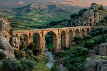 Obraz premium Ancient Stone Bridge Over River in Scenic Valley