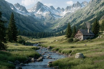 Mountain Cabin by River Scenic Landscape Alpine Meadow Summer Scene