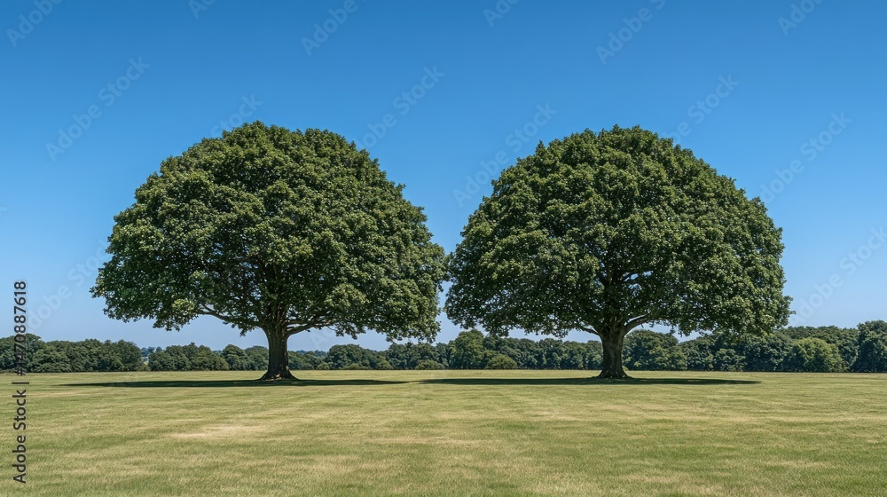 Poster two large trees stand alone in an open grassy field