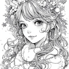 Cute anime girl in winter outfit with festive decorations – black and white line art illustration for coloring book