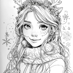 Cute anime girl in winter outfit with festive decorations – black and white line art illustration for coloring book