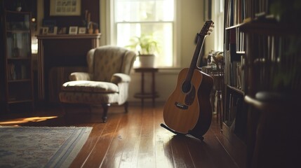 An acoustic guitar stands in a sunlit living room space