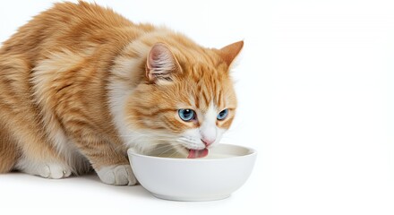 Orange and White Fur Cat with Blue Eyes Drinks Milk from White Bowl Isolated on White Background