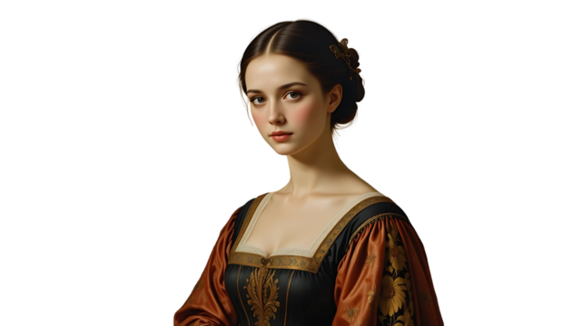  Beautiful Young Woman with Brown Hair in Elegant Renaissance Gown, Isolated on Transparent Background,PNG