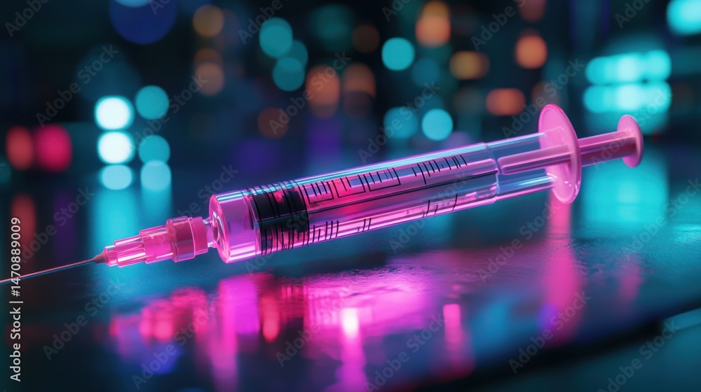 Poster a glowing syringe rests on a reflective surface with background bokeh