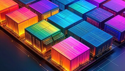 Obraz premium Colorful Microchip Clusters Futuristic Technology Abstract Background High Tech Digital Data Processing Innovation