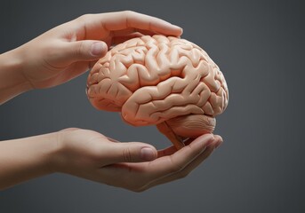 Hands delicately cradle a model of the human brain against a neutral gray background.